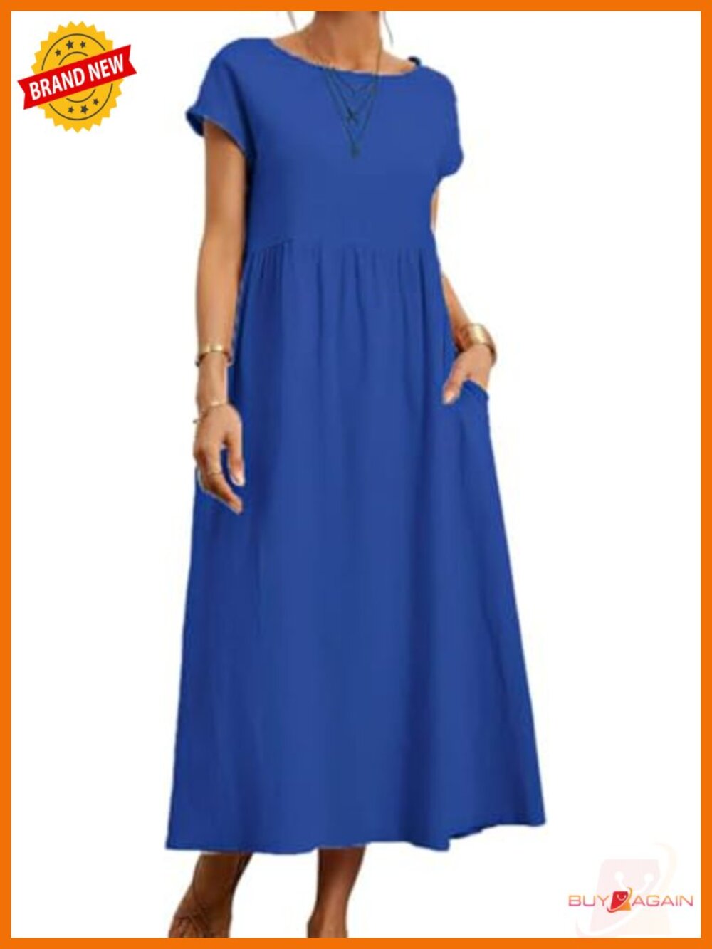 Cotton Linen Gauze Midi Dress with Pockets Flowy Casual Beach Vacation